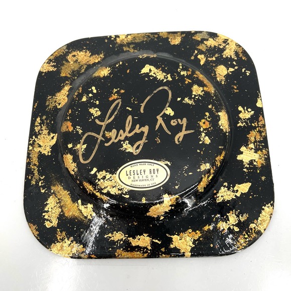 Vintage Signed Lesley Roy Gold Glass Floral Plate - Picture 6 of 7